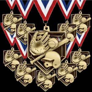 10 Pack Baseball Medals with Red White and Blue Neck Ribbons  2" Gold Sports Award Medals for Kids, Teams, Little League, School Awards, Baseball Tournaments