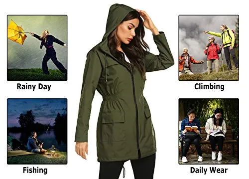 Avoogue Women Lightweight Rain Coats Rainwear for Women Trench Coat Anorak Rain Jacket Women Cute Outerwear Amry Green S