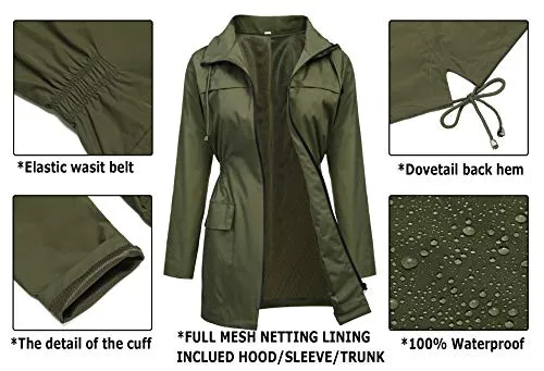 Avoogue Women Lightweight Rain Coats Rainwear for Women Trench Coat Anorak Rain Jacket Women Cute Outerwear Amry Green S