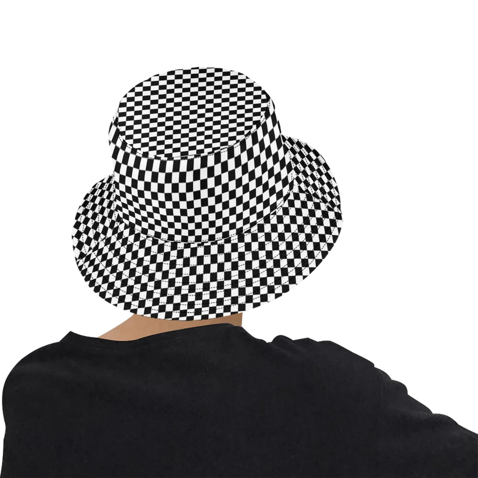Checkered Bucket Hat, Black White Racing Check Retro Vintage Summer Festival Cute Women Men Designer Beach Sun Shade Y2K Cotton Twill