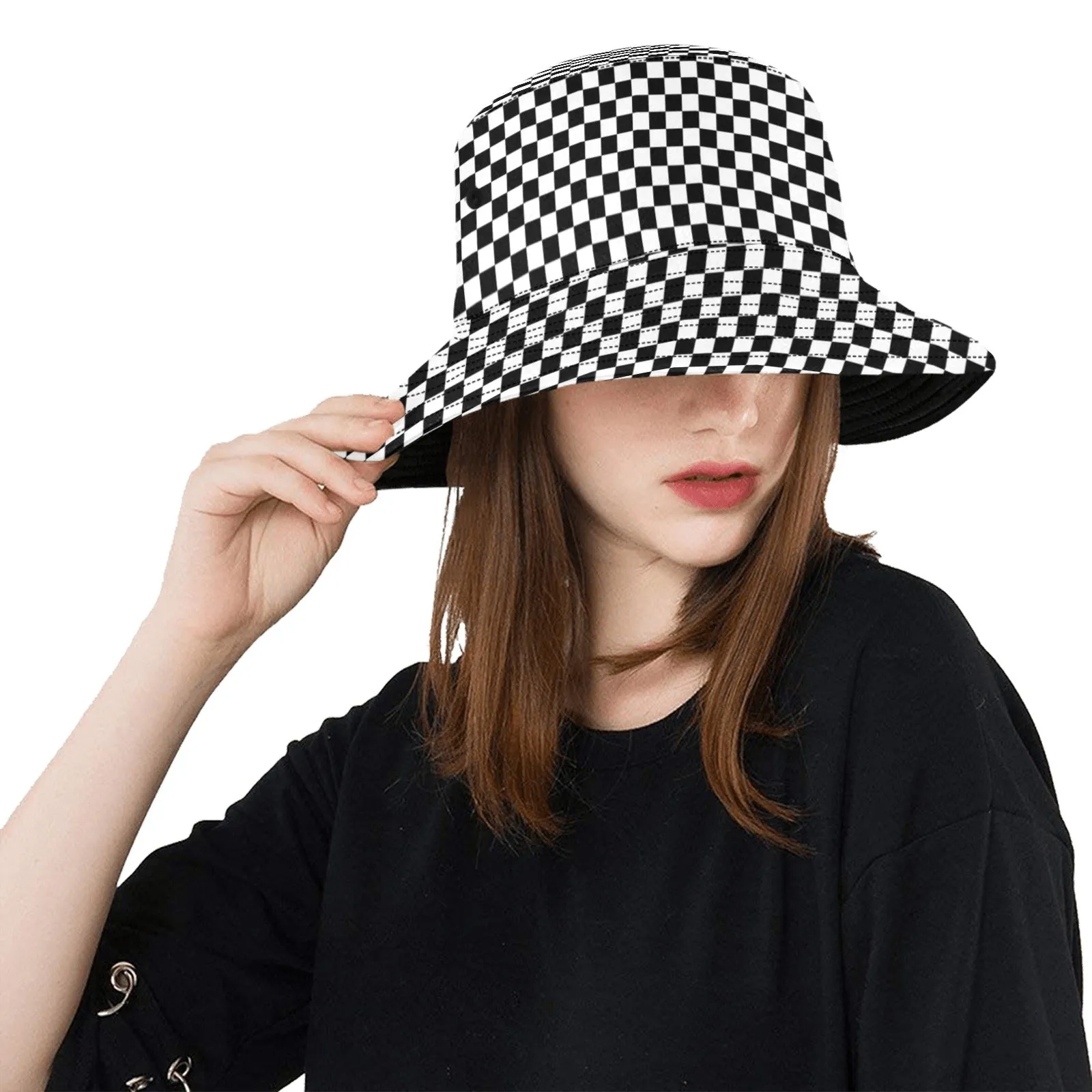 Checkered Bucket Hat, Black White Racing Check Retro Vintage Summer Festival Cute Women Men Designer Beach Sun Shade Y2K Cotton Twill