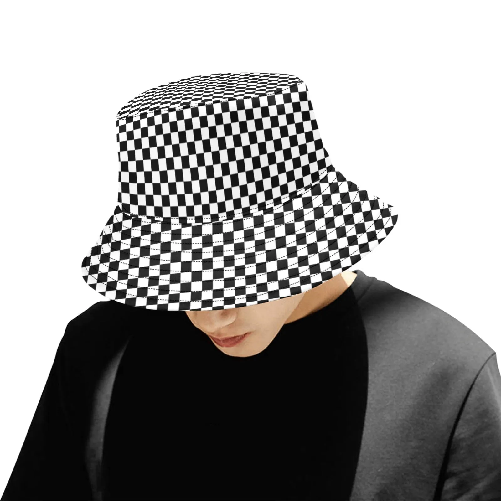 Checkered Bucket Hat, Black White Racing Check Retro Vintage Summer Festival Cute Women Men Designer Beach Sun Shade Y2K Cotton Twill