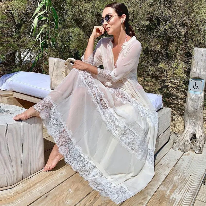 Chiffon Patchwork Long Dress Loose Beach Sun Protection