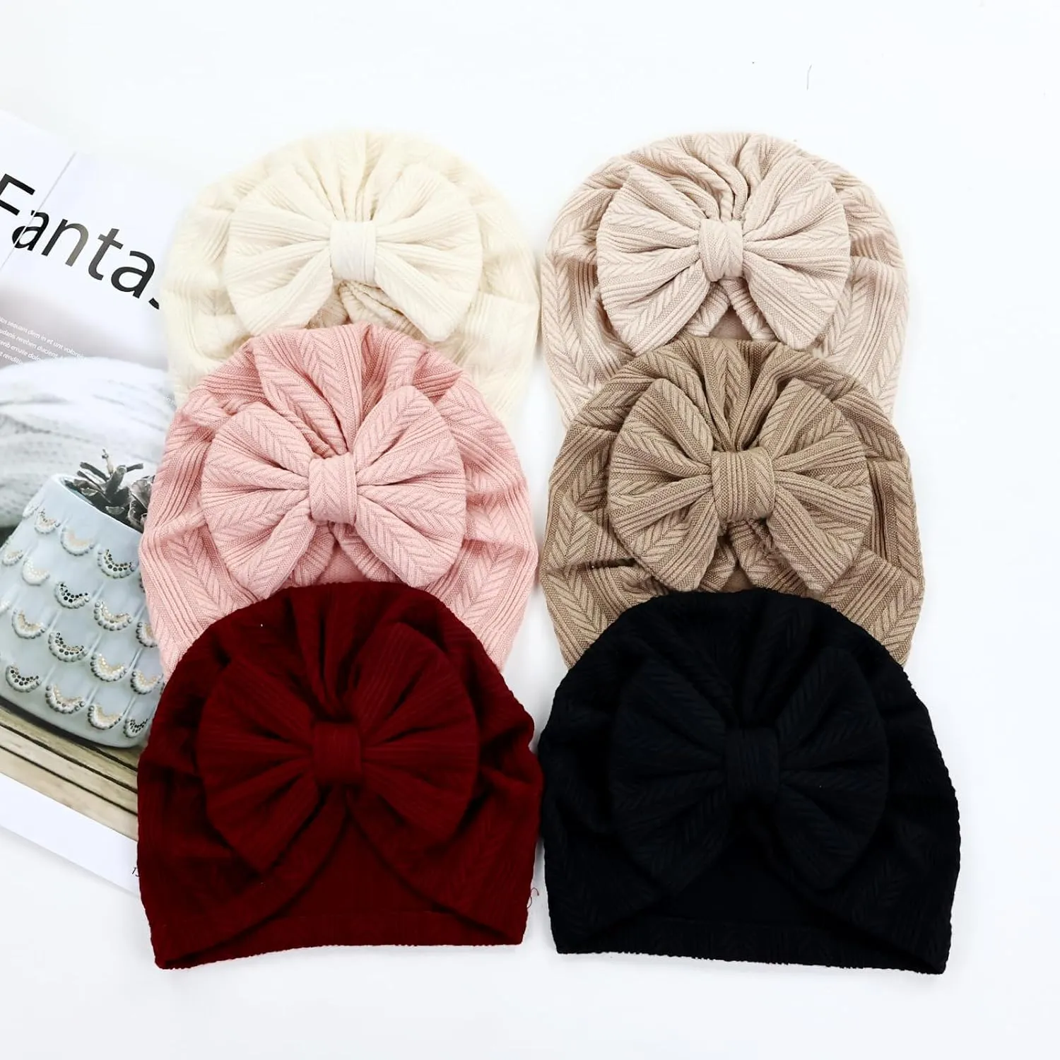 Cinaci 6 Pack Soft Turban Hats with Bow Donut Nursery Hospital Caps Beanies Bonnets for Baby Girls Newborns Infants Toddlers