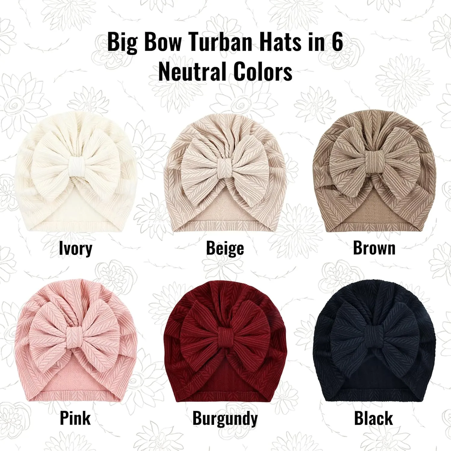 Cinaci 6 Pack Soft Turban Hats with Bow Donut Nursery Hospital Caps Beanies Bonnets for Baby Girls Newborns Infants Toddlers