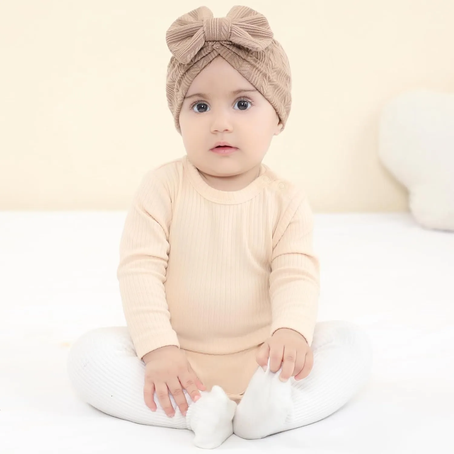 Cinaci 6 Pack Soft Turban Hats with Bow Donut Nursery Hospital Caps Beanies Bonnets for Baby Girls Newborns Infants Toddlers
