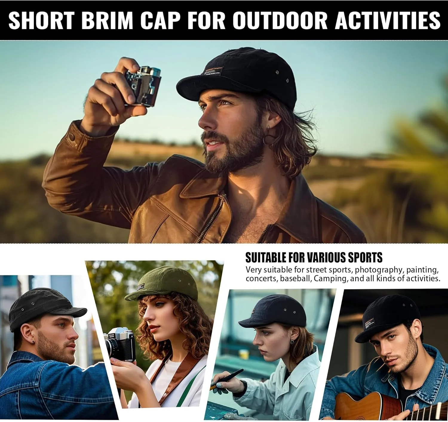 Clakllie Retro 5 Panel Short Brim Cap Casual Baseball Caps Dad Hat Flat Bill Snapback Fitted Caps Trucker Hat Short Cadet Cap