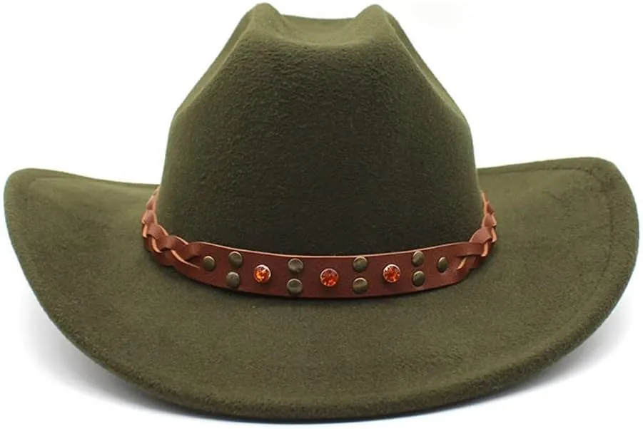 DHAEY European and American Women's Vintage Black Hat Curled Jazz Hat British Woolen Felt Hat Men's Autumn and Winter Hat Luopan Caps & Hats(Army Green)