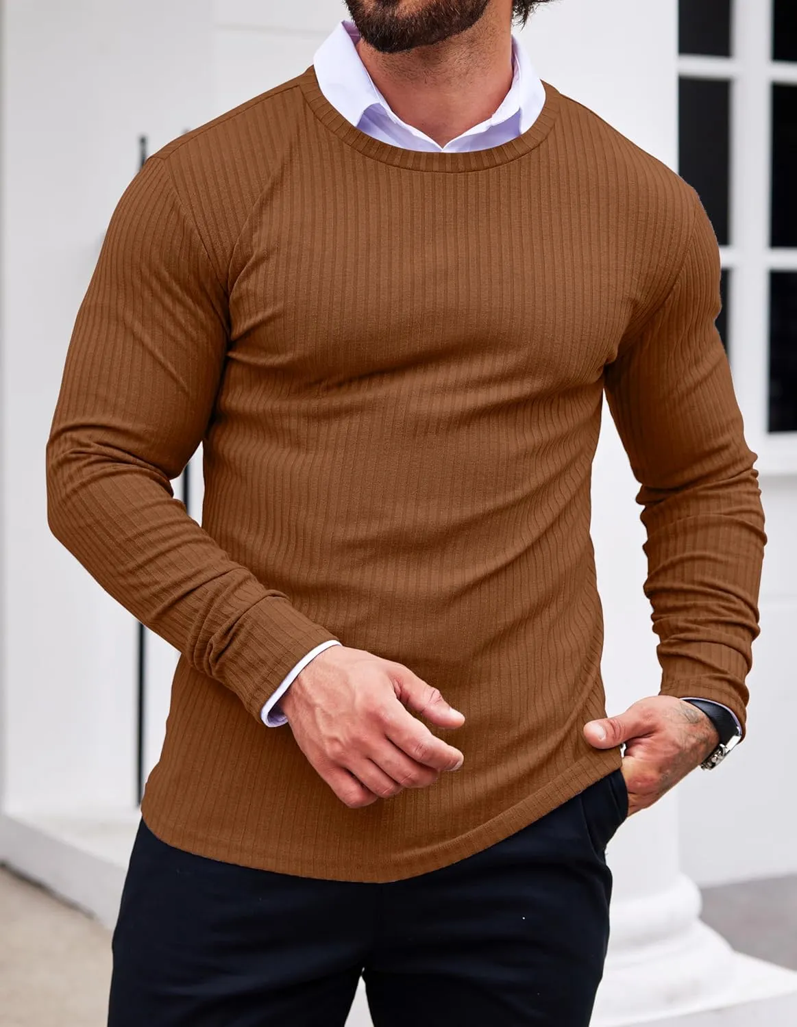Ekouaer Men's Long Sleeve Shirts Ribbed Pullover Sweater Sim Fit Thermal Tops Crew Neck Stretchy Undershirts S-XXL