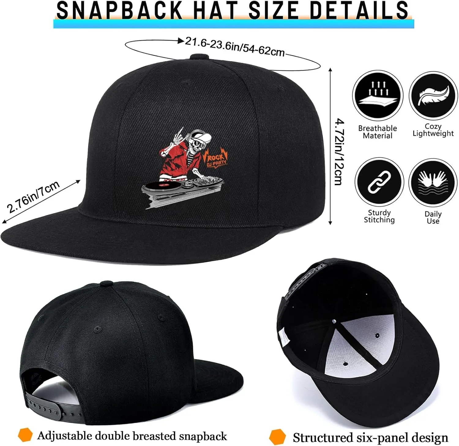 Flat Bill Hats for Men Skull Skeleton Snapback Hats for Men Fitted Adjustable Baseball Caps Black Cool Hip Hop caps