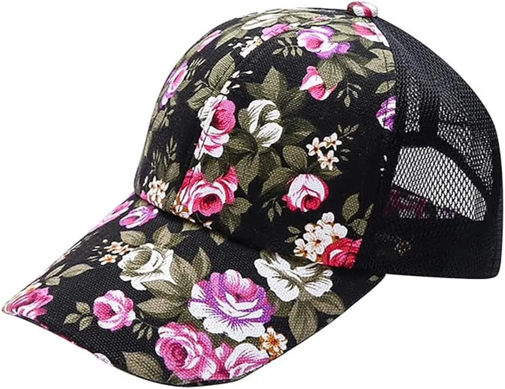 Floral Print Baseball Caps Hat,Flower Casual Fishing Sun Hat Mesh Back for Men Women Girls Adjustable