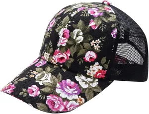 Floral Print Baseball Caps Hat,Flower Casual Fishing Sun Hat Mesh Back for Men Women Girls Adjustable