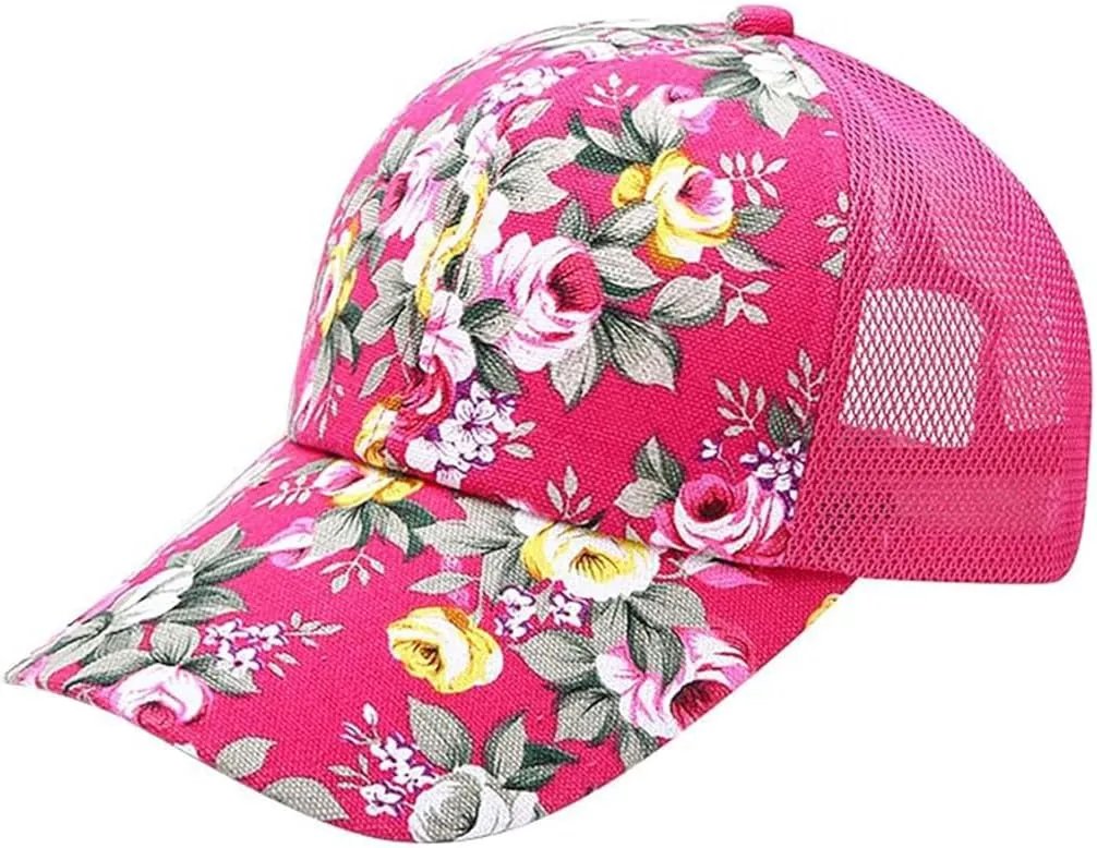 Floral Print Baseball Caps Hat,Flower Casual Fishing Sun Hat Mesh Back for Men Women Girls Adjustable