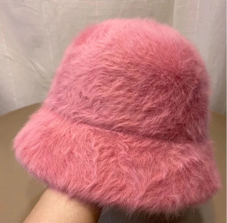 Hat winter women's fashion Solid color rabbit fur hat bucket cap  fisherman's hat retro knitted wool basin Bucket Hat