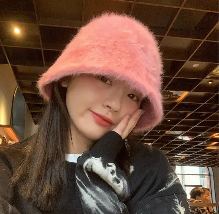 Hat winter women's fashion Solid color rabbit fur hat bucket cap  fisherman's hat retro knitted wool basin Bucket Hat