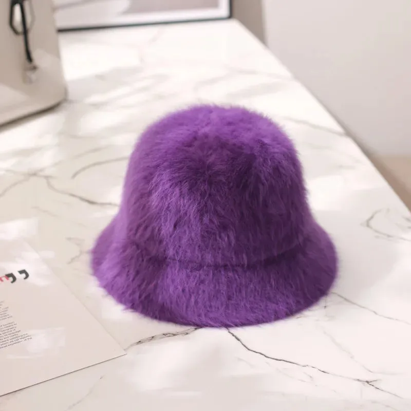 Hat winter women's fashion Solid color rabbit fur hat bucket cap  fisherman's hat retro knitted wool basin Bucket Hat