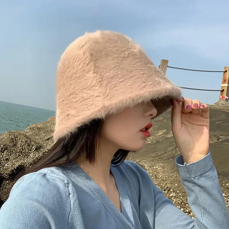 Hat winter women's fashion Solid color rabbit fur hat bucket cap  fisherman's hat retro knitted wool basin Bucket Hat