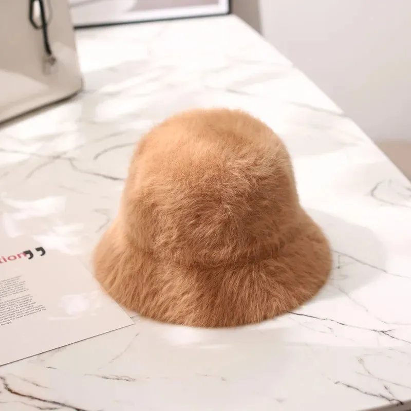 Hat winter women's fashion Solid color rabbit fur hat bucket cap  fisherman's hat retro knitted wool basin Bucket Hat