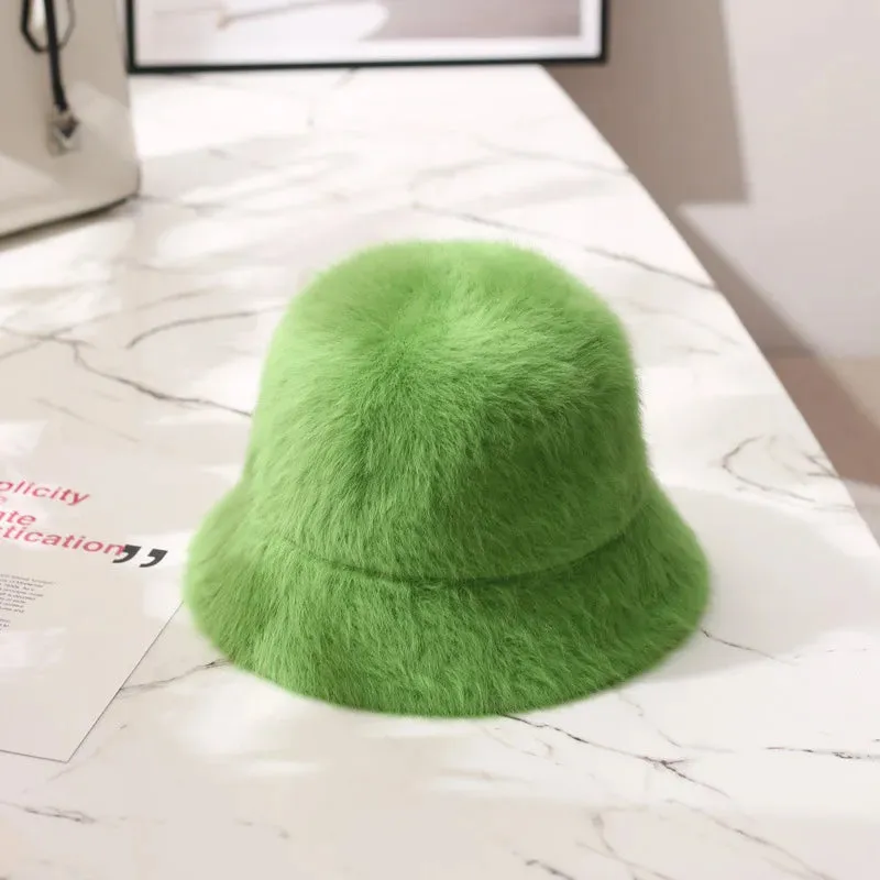Hat winter women's fashion Solid color rabbit fur hat bucket cap  fisherman's hat retro knitted wool basin Bucket Hat