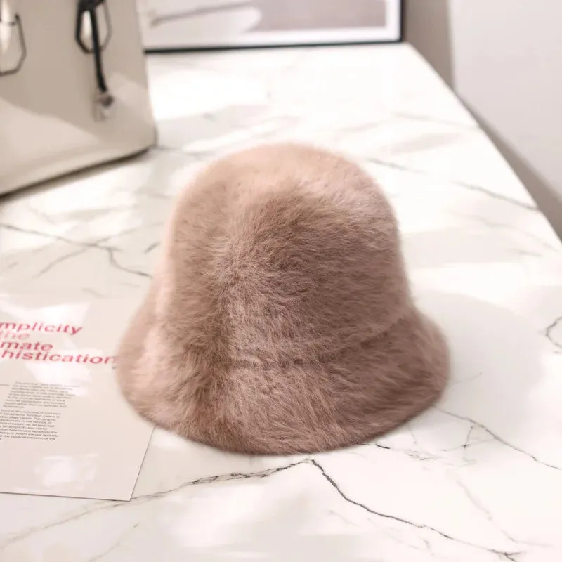 Hat winter women's fashion Solid color rabbit fur hat bucket cap  fisherman's hat retro knitted wool basin Bucket Hat