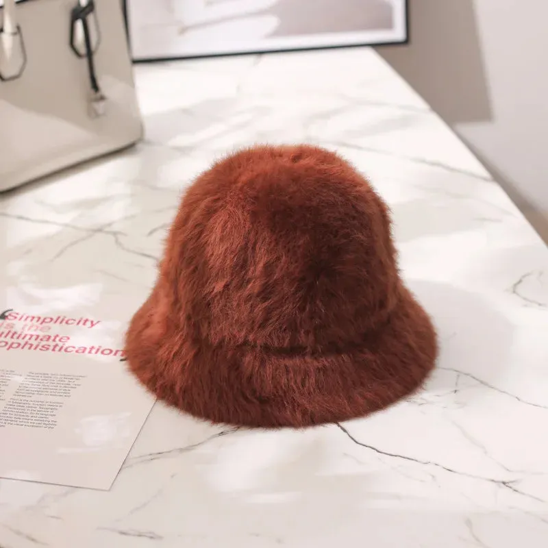 Hat winter women's fashion Solid color rabbit fur hat bucket cap  fisherman's hat retro knitted wool basin Bucket Hat