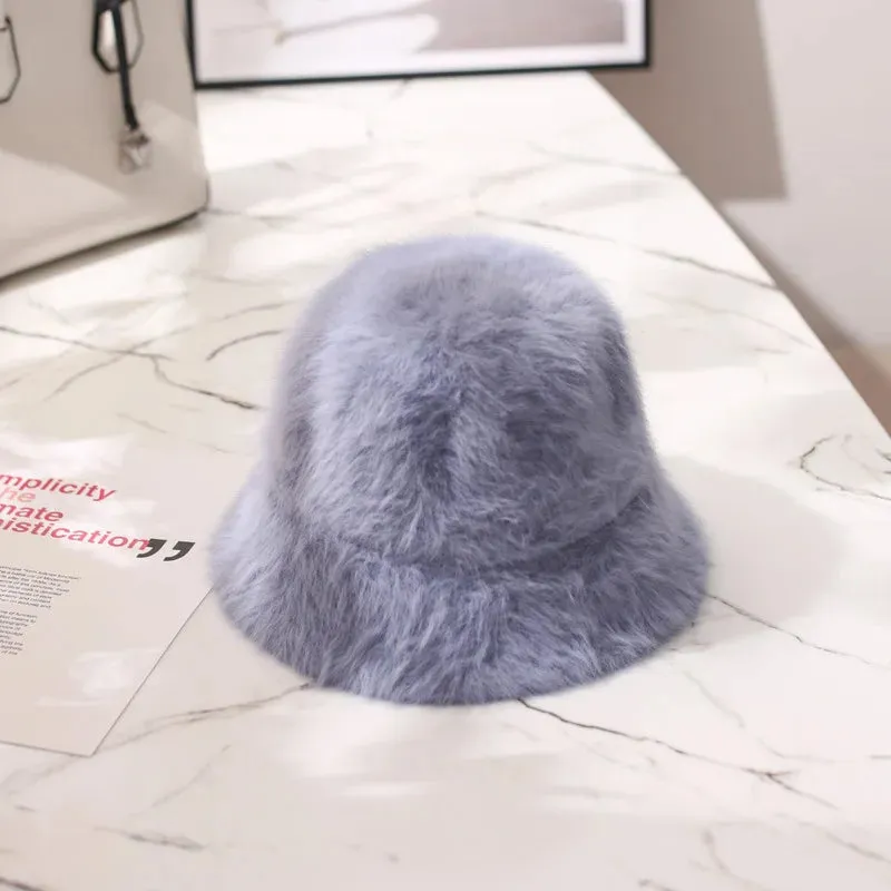 Hat winter women's fashion Solid color rabbit fur hat bucket cap  fisherman's hat retro knitted wool basin Bucket Hat