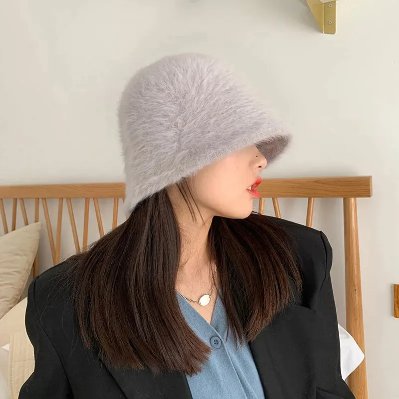 Hat winter women's fashion Solid color rabbit fur hat bucket cap  fisherman's hat retro knitted wool basin Bucket Hat