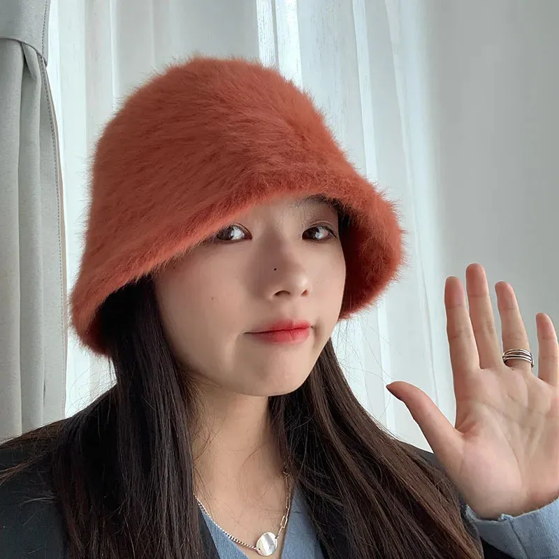Hat winter women's fashion Solid color rabbit fur hat bucket cap  fisherman's hat retro knitted wool basin Bucket Hat