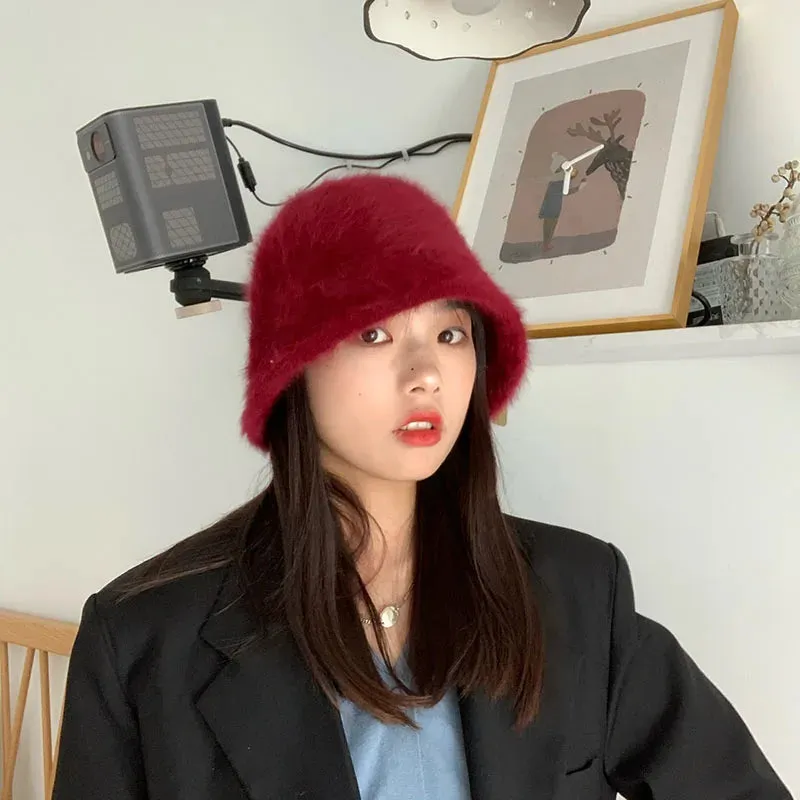 Hat winter women's fashion Solid color rabbit fur hat bucket cap  fisherman's hat retro knitted wool basin Bucket Hat