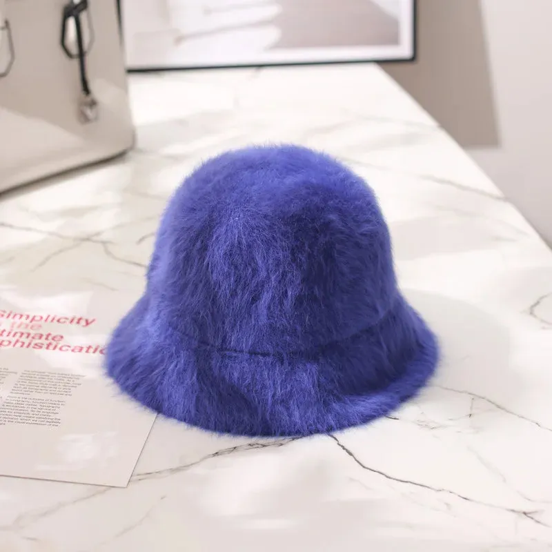 Hat winter women's fashion Solid color rabbit fur hat bucket cap  fisherman's hat retro knitted wool basin Bucket Hat