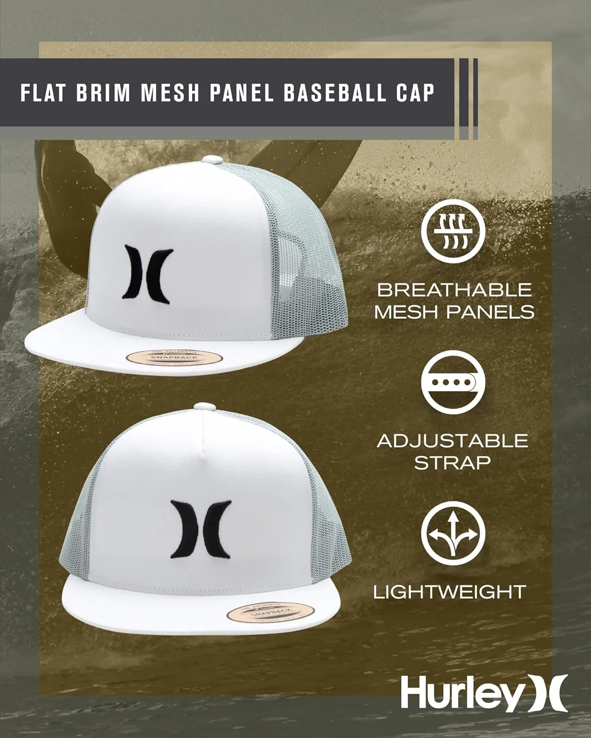 Hurley Men's Caps - Flat Brim Mesh Panel Baseball Cap Trucker Hat - Snap Back Hats for Men