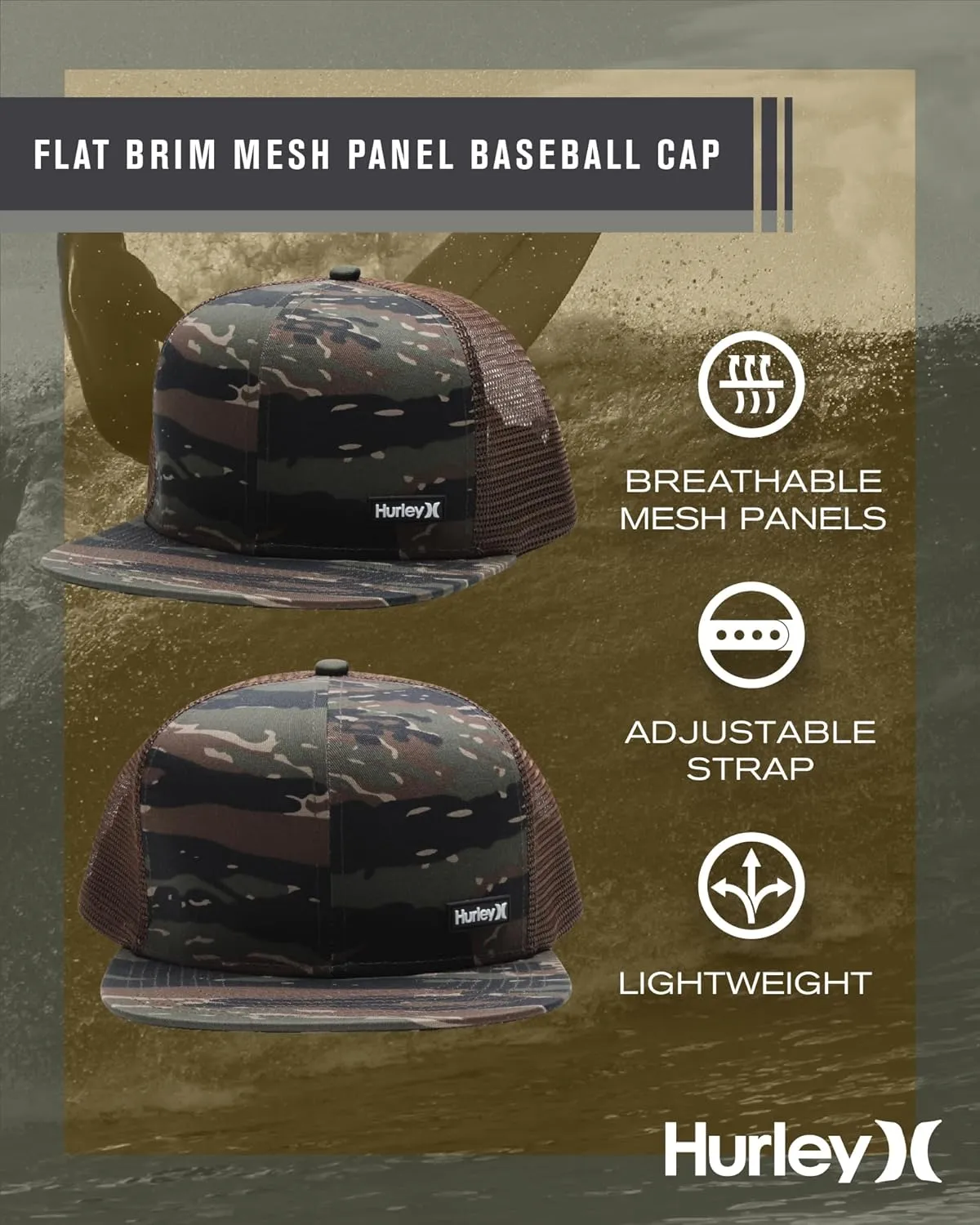 Hurley Men's Caps - Flat Brim Mesh Panel Baseball Cap Trucker Hat - Snap Back Hats for Men