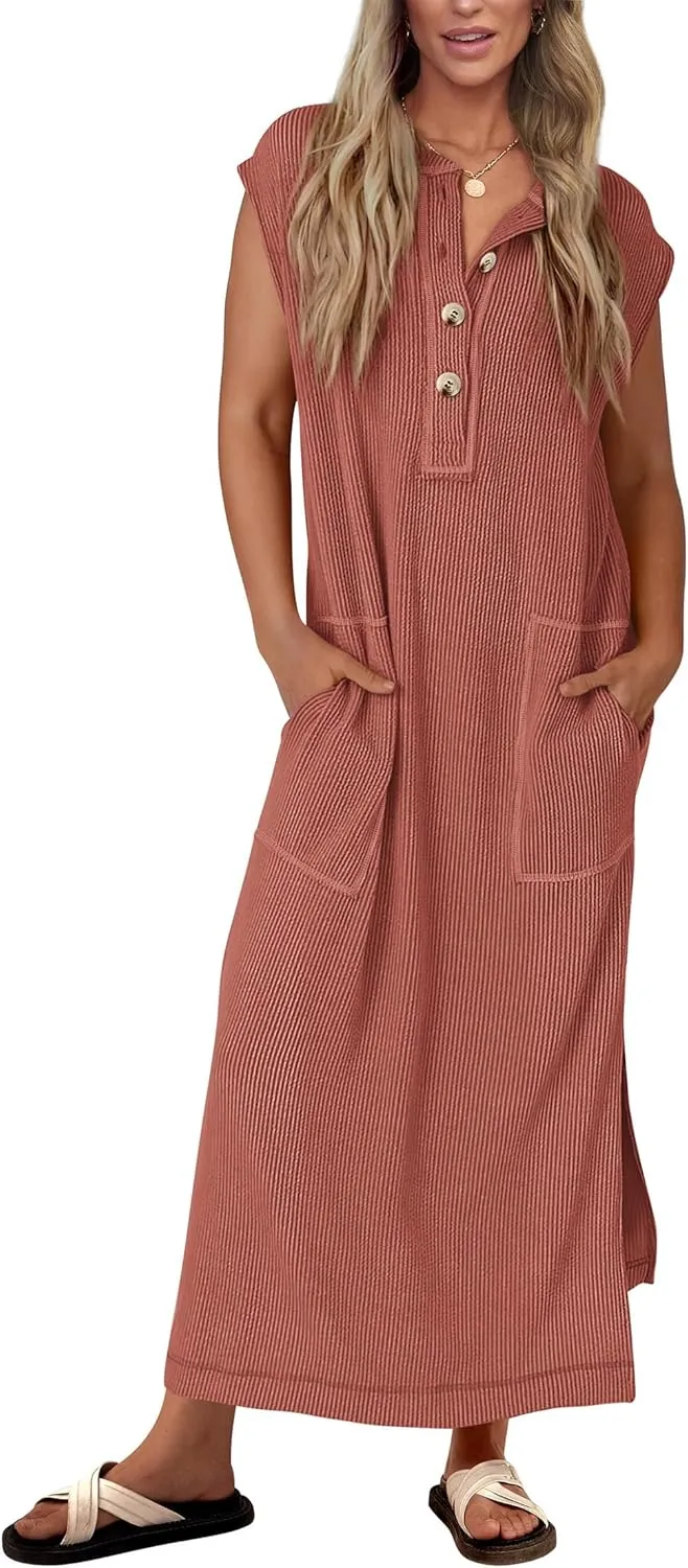 KIRUNDO Womens Summer Dresses Ribbed Knit Henley Short Sleeve Maxi Dress Button Up Loose Slit Beach Vacation Sundress