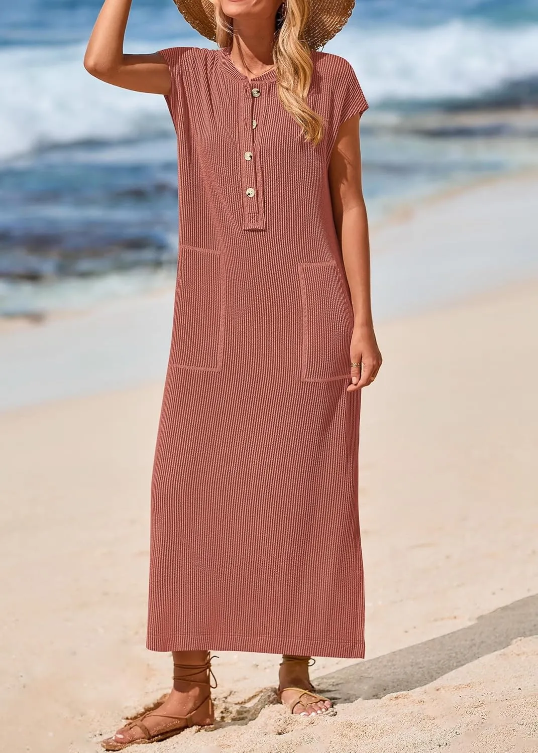 KIRUNDO Womens Summer Dresses Ribbed Knit Henley Short Sleeve Maxi Dress Button Up Loose Slit Beach Vacation Sundress