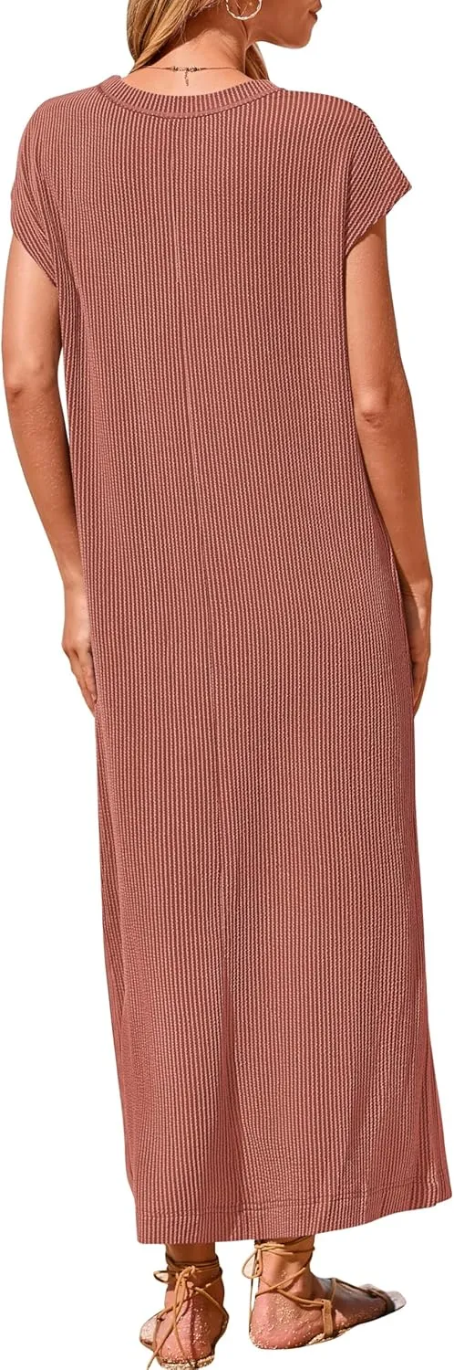 KIRUNDO Womens Summer Dresses Ribbed Knit Henley Short Sleeve Maxi Dress Button Up Loose Slit Beach Vacation Sundress