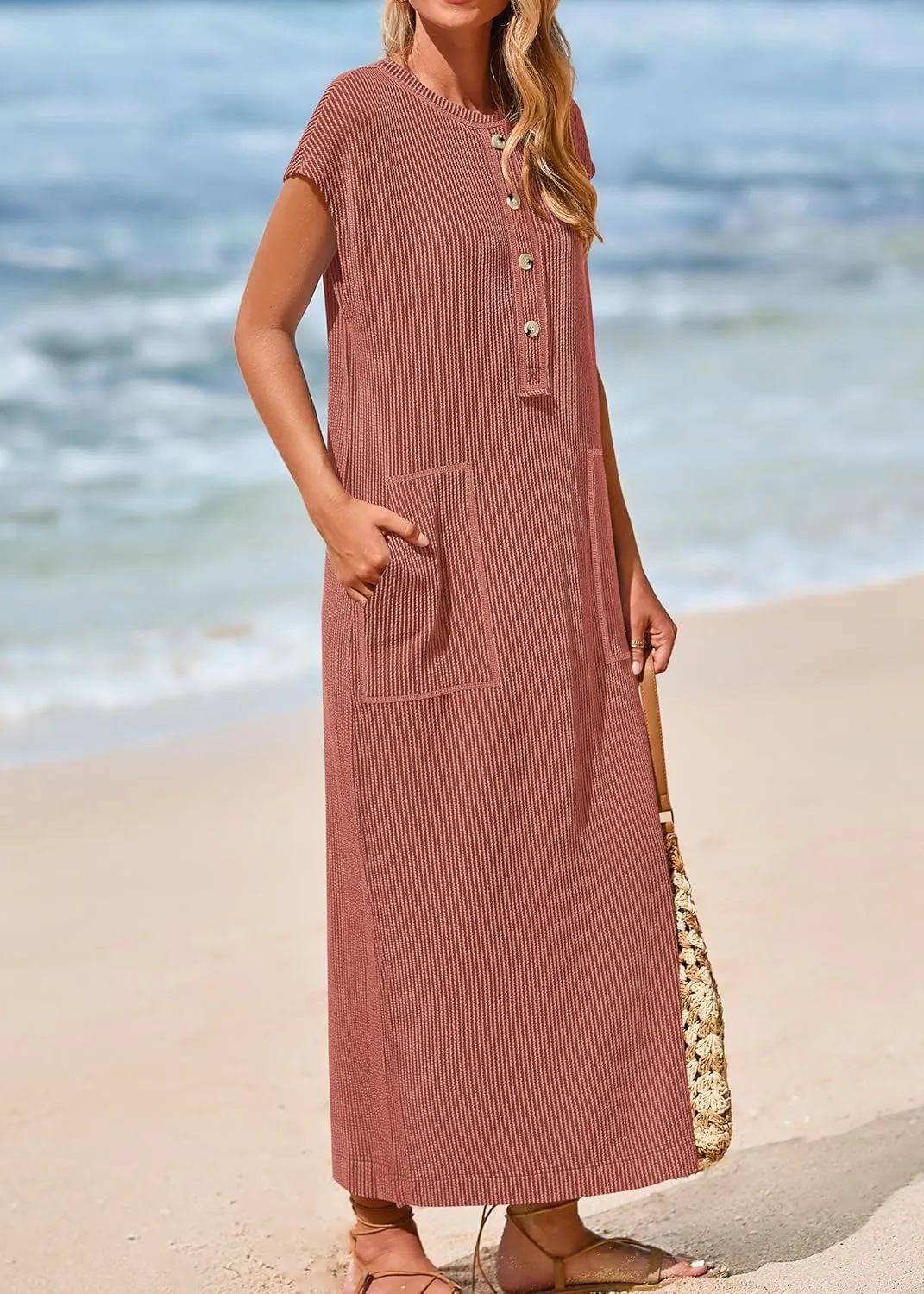 KIRUNDO Womens Summer Dresses Ribbed Knit Henley Short Sleeve Maxi Dress Button Up Loose Slit Beach Vacation Sundress