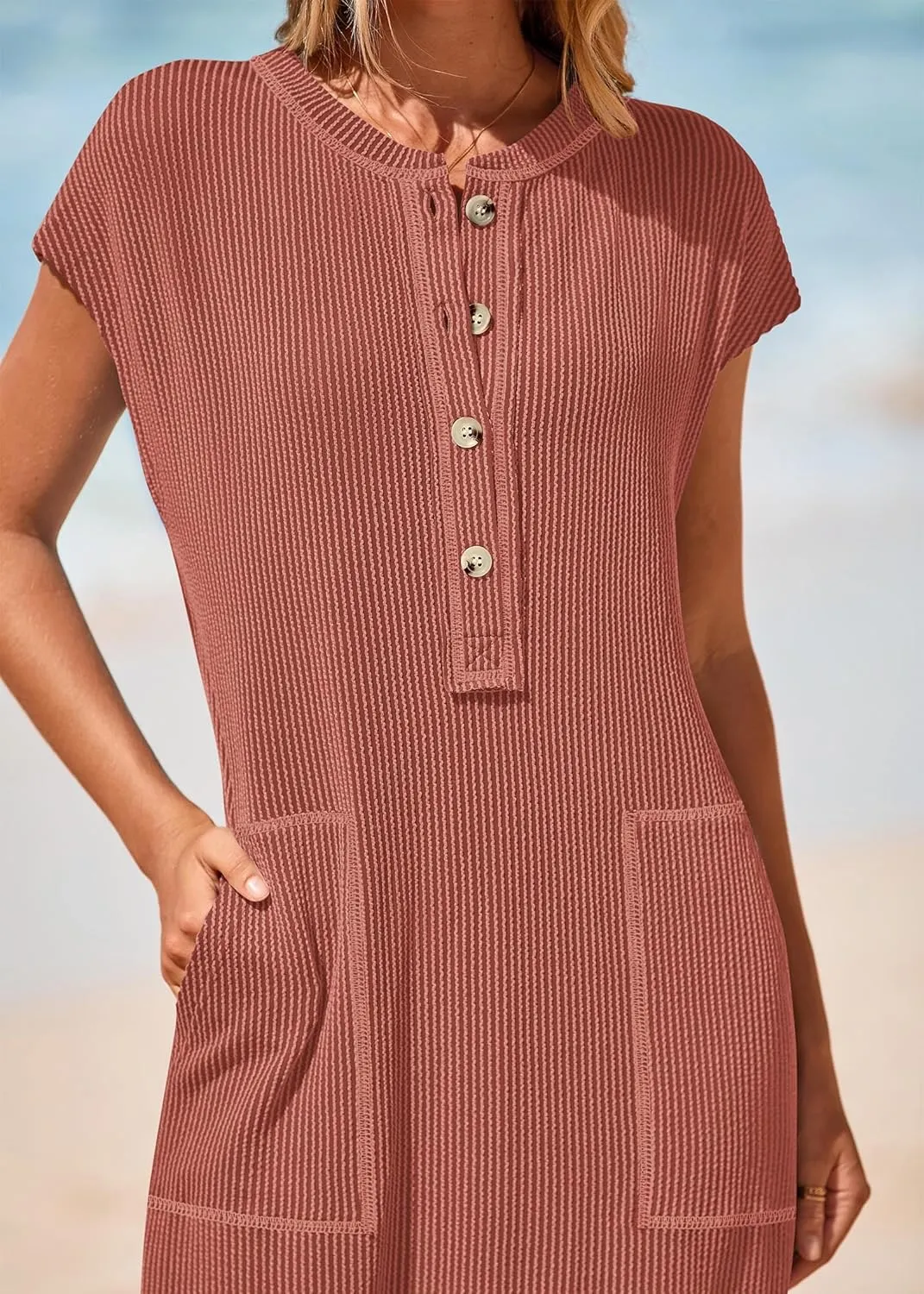 KIRUNDO Womens Summer Dresses Ribbed Knit Henley Short Sleeve Maxi Dress Button Up Loose Slit Beach Vacation Sundress