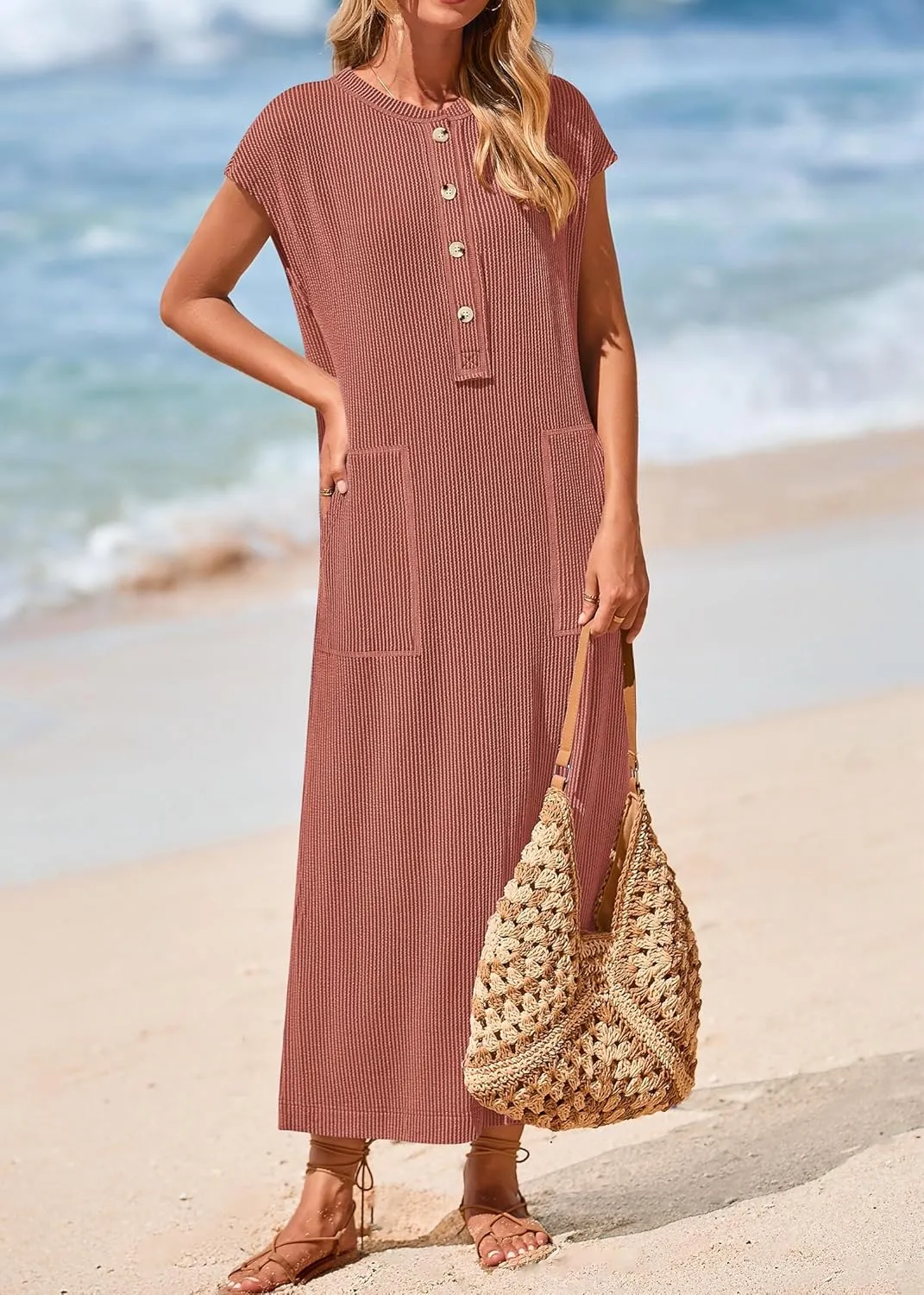 KIRUNDO Womens Summer Dresses Ribbed Knit Henley Short Sleeve Maxi Dress Button Up Loose Slit Beach Vacation Sundress