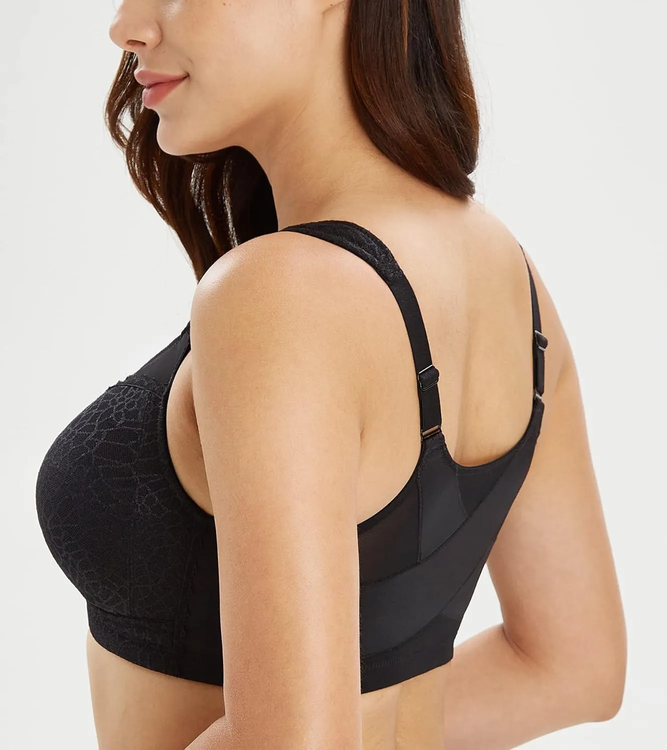 Lemorosy Women's Plus Size Full Coverage Front Closure Posture Back Unpadded Wireless Double Support Minimizer Bra