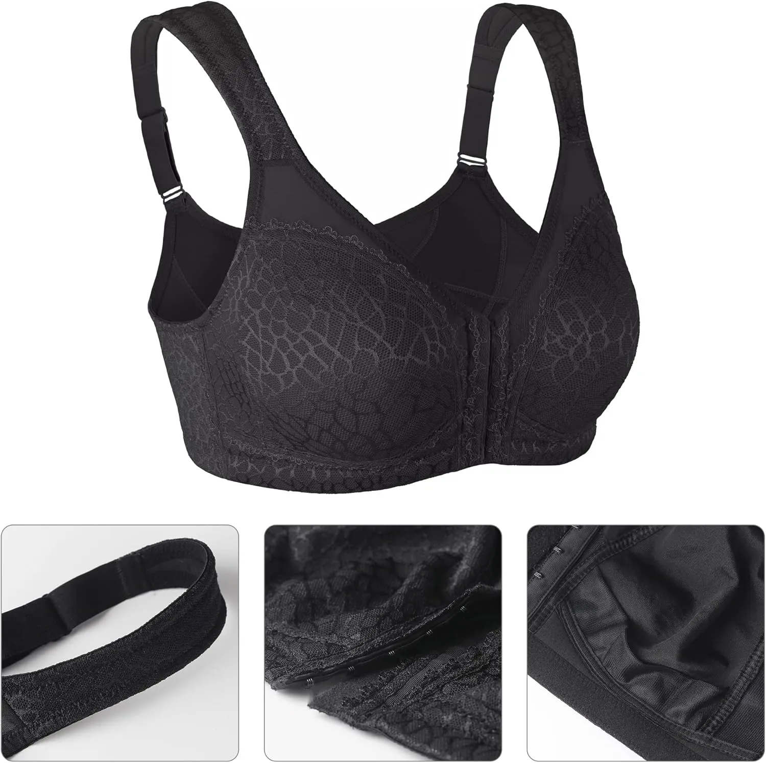 Lemorosy Women's Plus Size Full Coverage Front Closure Posture Back Unpadded Wireless Double Support Minimizer Bra