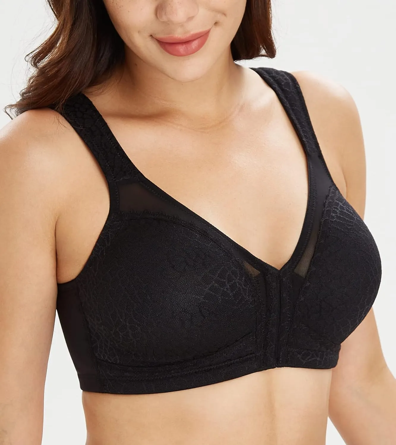 Lemorosy Women's Plus Size Full Coverage Front Closure Posture Back Unpadded Wireless Double Support Minimizer Bra
