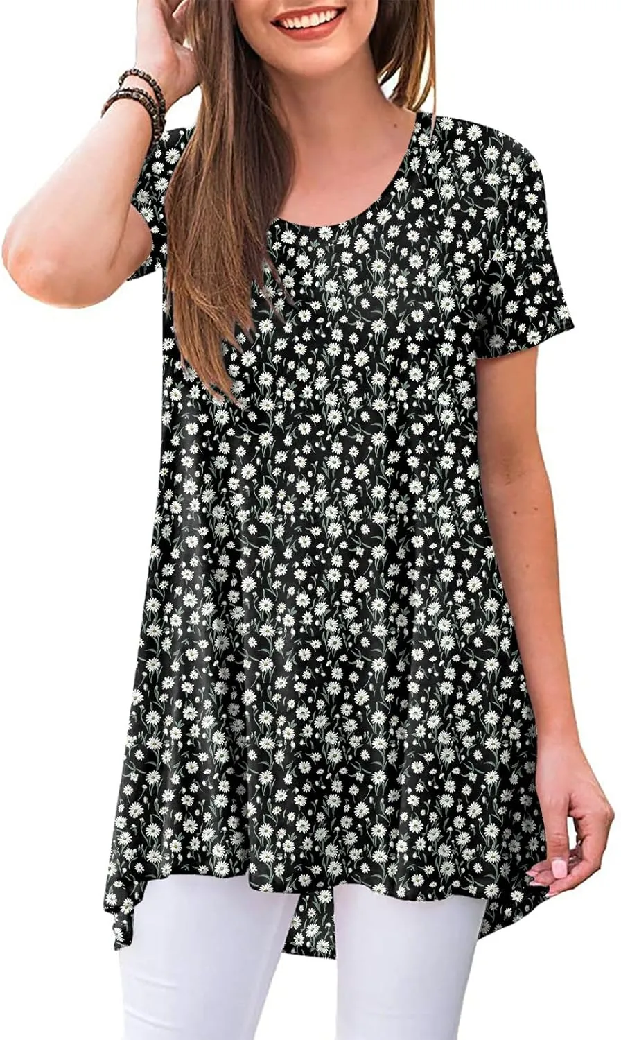 POPYOUNG Women's Summer Long Tunic Top To Wear With Leggings Short Sleeve Shirt Loose Fit Dressy