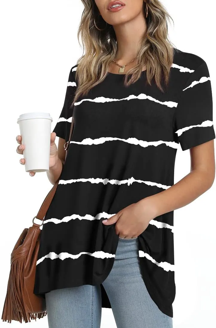 POPYOUNG Women's Summer Long Tunic Top To Wear With Leggings Short Sleeve Shirt Loose Fit Dressy
