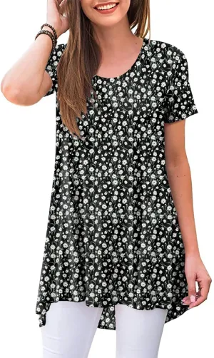 POPYOUNG Women's Summer Long Tunic Top To Wear With Leggings Short Sleeve Shirt Loose Fit Dressy