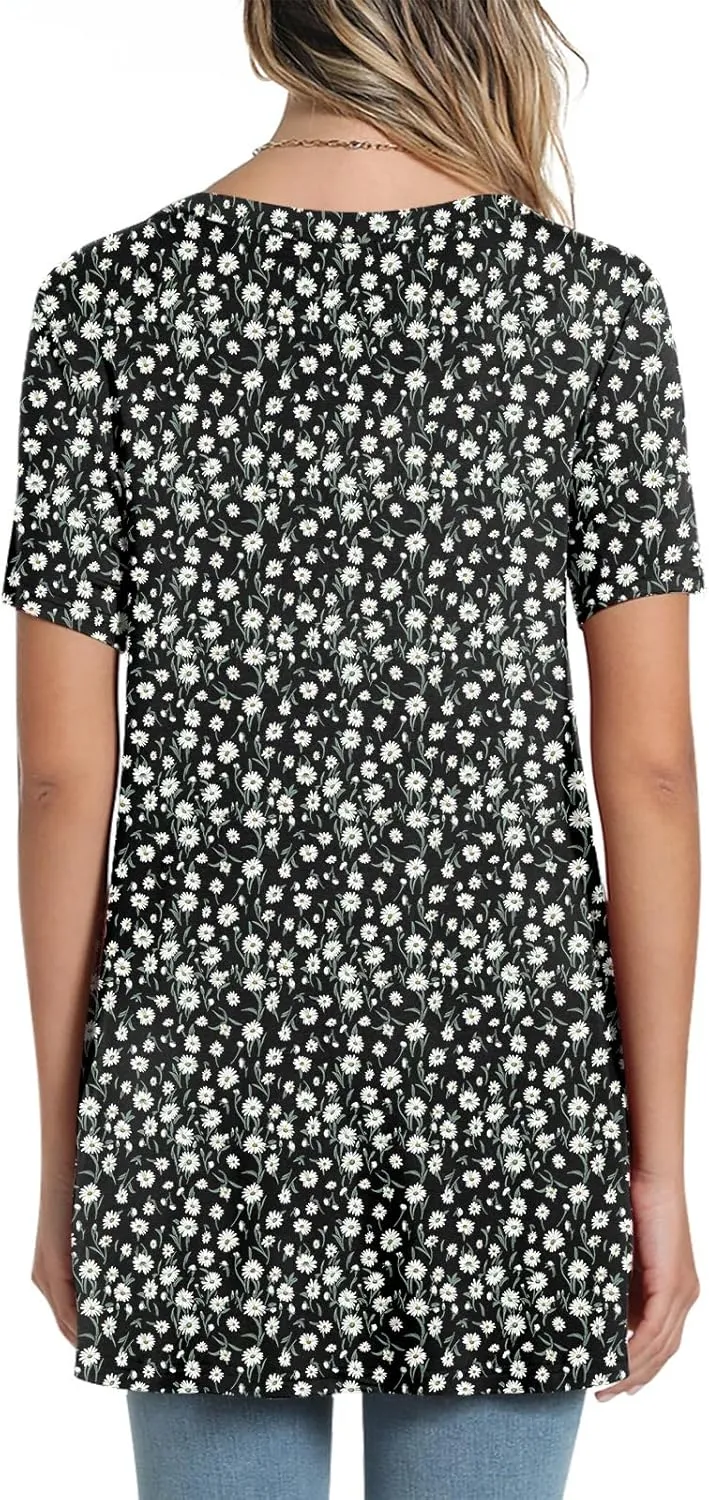 POPYOUNG Women's Summer Long Tunic Top To Wear With Leggings Short Sleeve Shirt Loose Fit Dressy