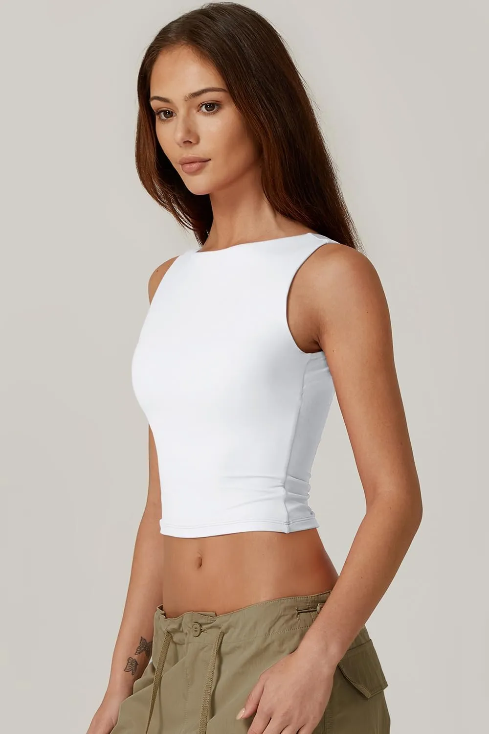 QINSEN Women's Sexy Open Back Sleeveless Crop Tank High Neck Slim Fit Cropped Tee Shirt Y2k Tops
