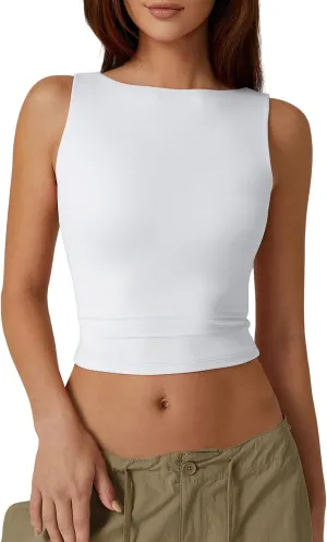 QINSEN Women's Sexy Open Back Sleeveless Crop Tank High Neck Slim Fit Cropped Tee Shirt Y2k Tops