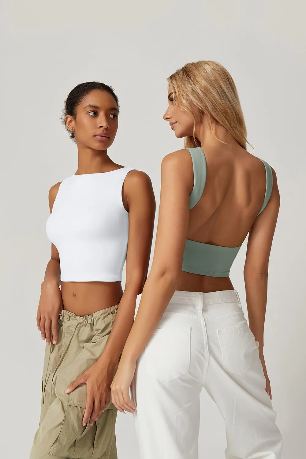 QINSEN Women's Sexy Open Back Sleeveless Crop Tank High Neck Slim Fit Cropped Tee Shirt Y2k Tops
