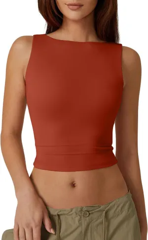 QINSEN Women's Sexy Open Back Sleeveless Crop Tank High Neck Slim Fit Cropped Tee Shirt Y2k Tops