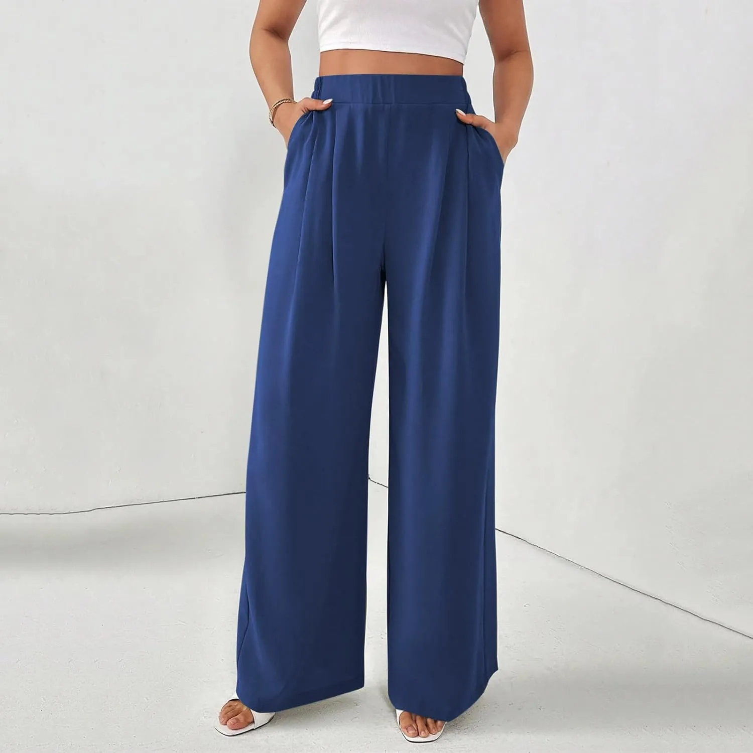 Suit Pants for Womens Solid Color High Rise Pockets Trousers Loose Lightweight Straight Leg Business Casual Pant